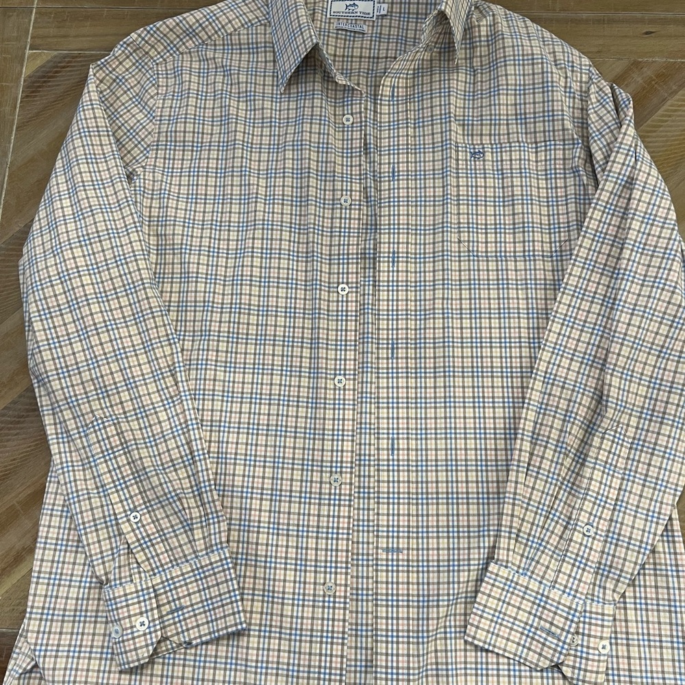 Southern Tide Intercoastal Beige and Blue Plaid Shirt